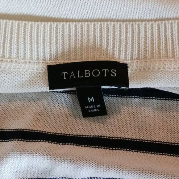 Talbots Sweater Womens Size M Ivory Navy Blue Striped V-Neck Lightweight - Picture 6 of 7
